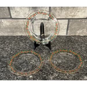 3 Vintage Arcoroc Holly Berries Ribbon Gold Trim 8" Luncheon Salad Plates (ACO3)